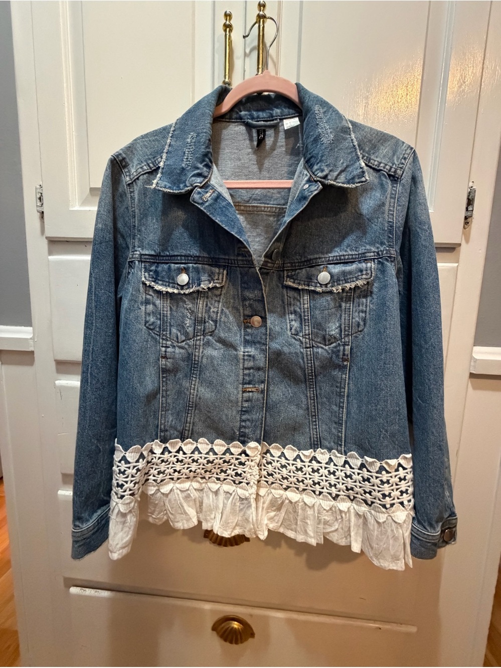 Women’s upcycled distressed  Denim Jacket  Lace Trim Ruffle Divided brand  M
